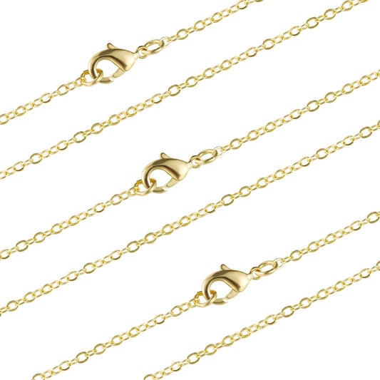 Wholesale 12 PCS Gold Plated Solid Brass Flat Cable Chain Finished Necklace Chains Bulk for Jewelry Making (26 Inch(2 MM))