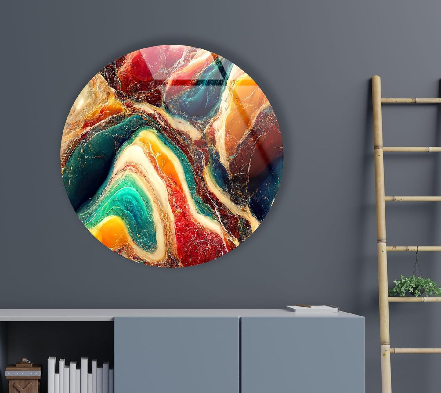 My Photostation.com 39,4''(100cm) Diameter Colorful Marble Swirl Round Wall Art Abstract Glass Decor with Earthy Tones & Gemstone Texture