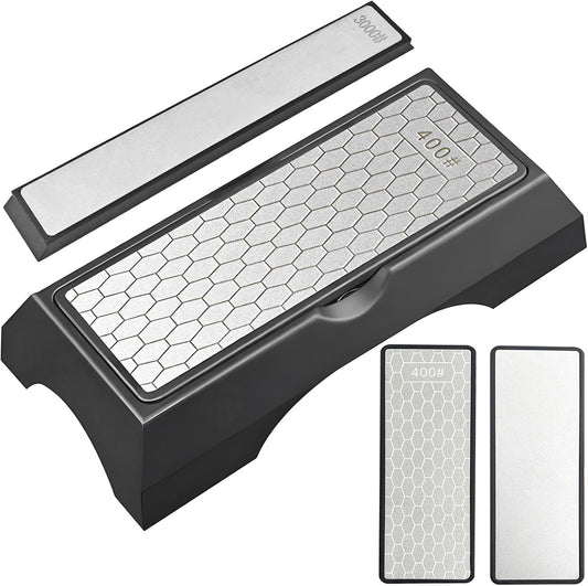 Diamond Sharpening Stone Set, Knife Sharpener Stone, Double-sided Coarse 400 / Fine 1000# | Extra Fine 3000 Grit, 2 Sizes Whetstone Tool with Non-Slip Base, Diamond Plate Honing Stone, Hone Sharpener
