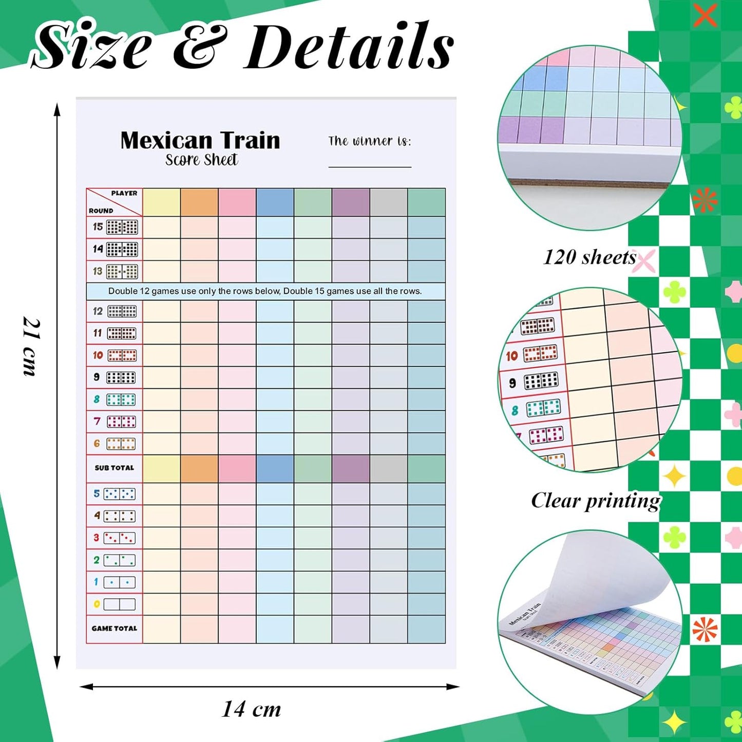 2 Pack 120 Sheets Mexican Train Score Pads Colorful Chicken Foot Dominoes Game Scorepad Adult Mexican Train Score Sheet Scoreboard Paper Record Clearly for Family Game (8 x 5.5 Inches)