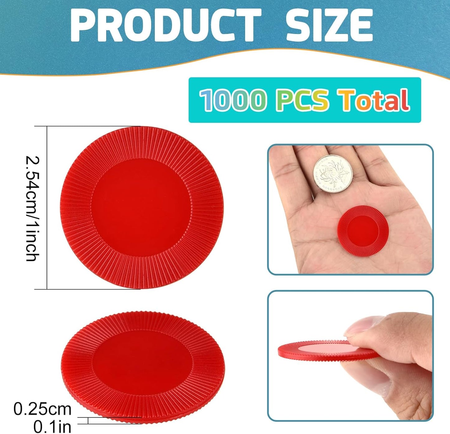 Coopay 1000 Pieces Plastic Poker Chips, Bingo Chips Bulk Learning Counters Disks Poker Card Game, Counting Markers for Math Practice, Game Tokens and Teaching Rewards, 25 mm/ 1 Inch (Red)