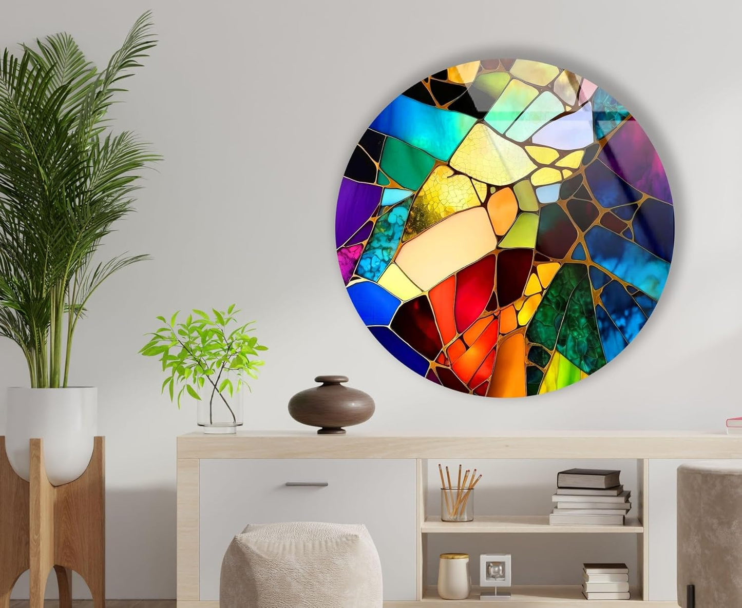 My Photostation.com 10''(25cm) Diameter Multicolor Round Stained Glass Wall Art Vibrant Mosaic Abstract Panel Tempered Glass Printing Wall Decor Large Wall Art Wall Hangings