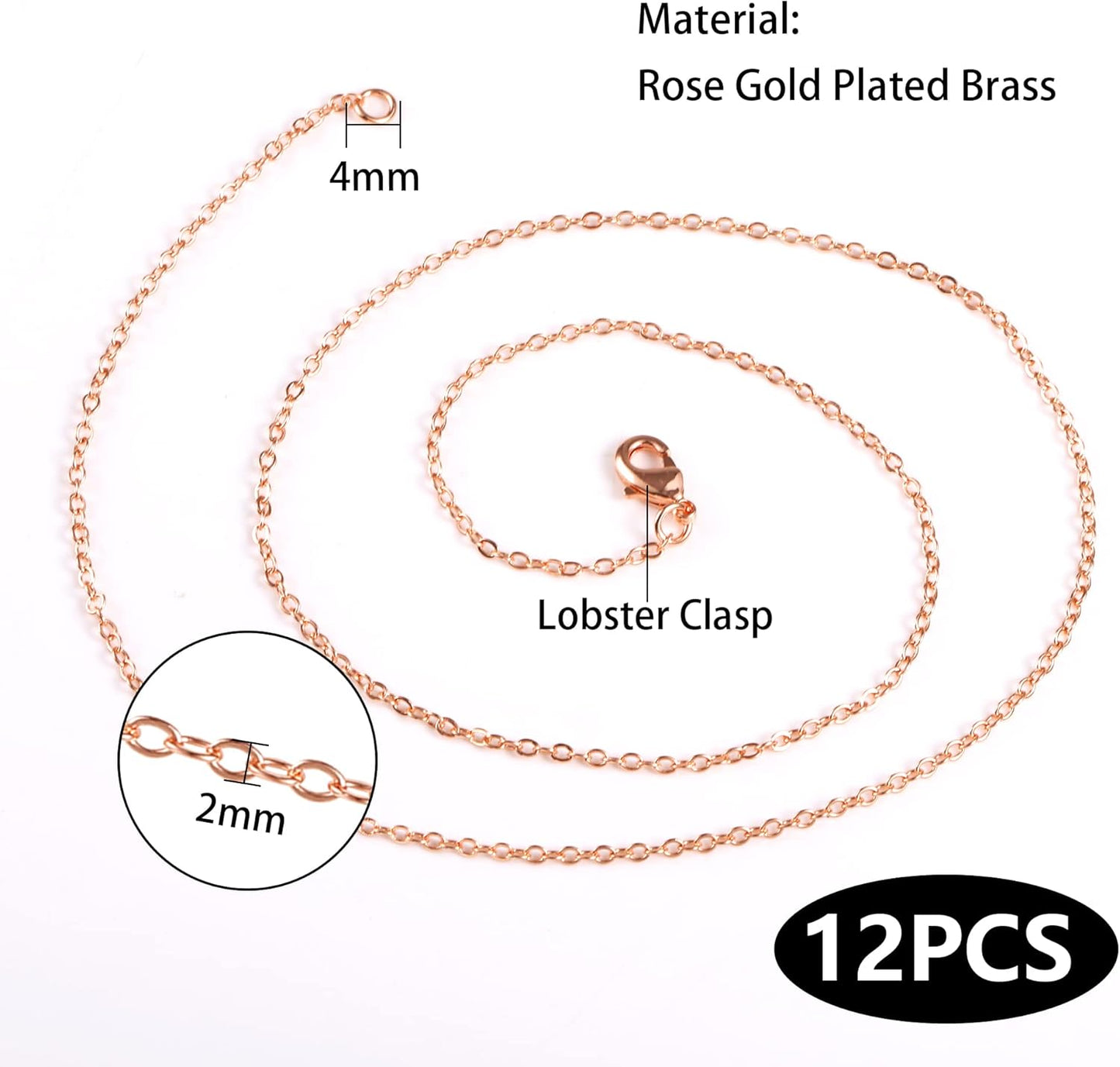 ALEXCRAFT Wholesale 12PCS Rose Gold Plated Solid Brass Chain Finished Flat Cable Chains Bulk for Jewelry Making (26"(2.0MM)