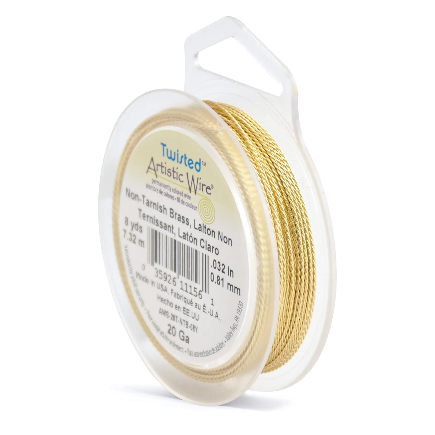 Artistic Wire, 20 Gauge / .81 mm Tarnish Resistant Brass Craft Wire, Round Twist, 8 yd / 7.31 m,AWS-20T-NTB-08Y