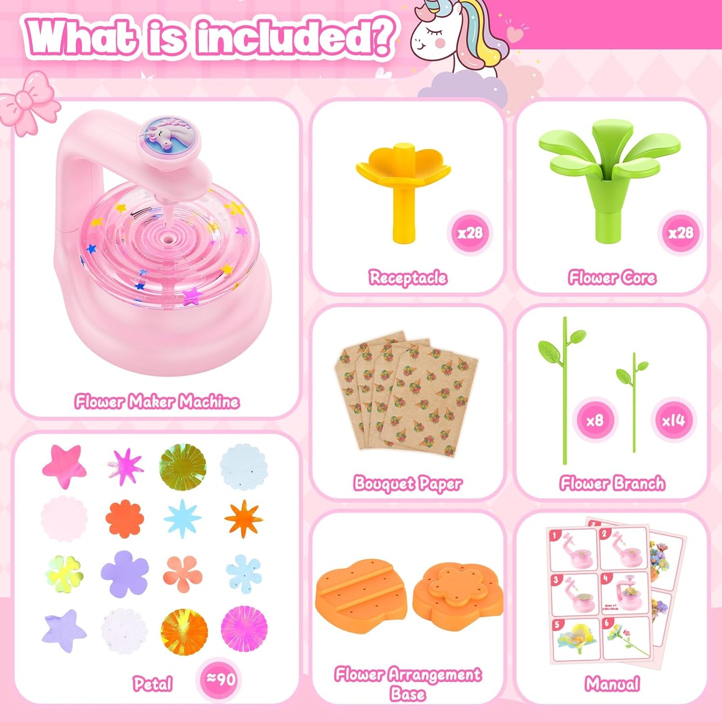 cosone Crafts Kits for Kids Ages 4-8, DIY Fabric Flower Bouquet Kit for 5 6 7 8 Year Girls Unicorn Flower Press Toys Educational Toy Preschool Birthday Gifts for Girls Handmade Activity Set - Pink