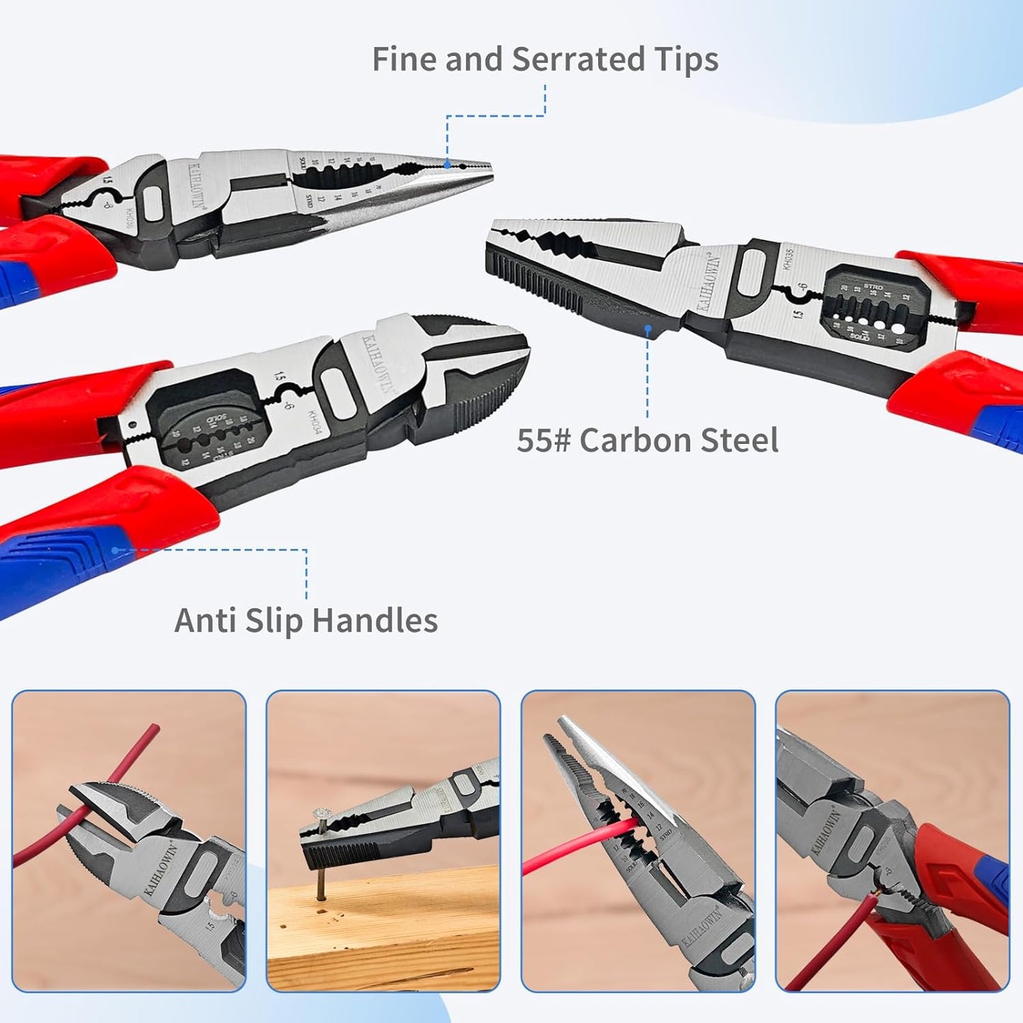 KAIHAOWIN 6-Piece Tool Set with Case, 8.8” Long Nose, 8.8” Linesman, 8” Diagonal, 6“ Adjustable Wrench, 5” Needle Nose, 5" Flush Cutter for Repairing & Home Use