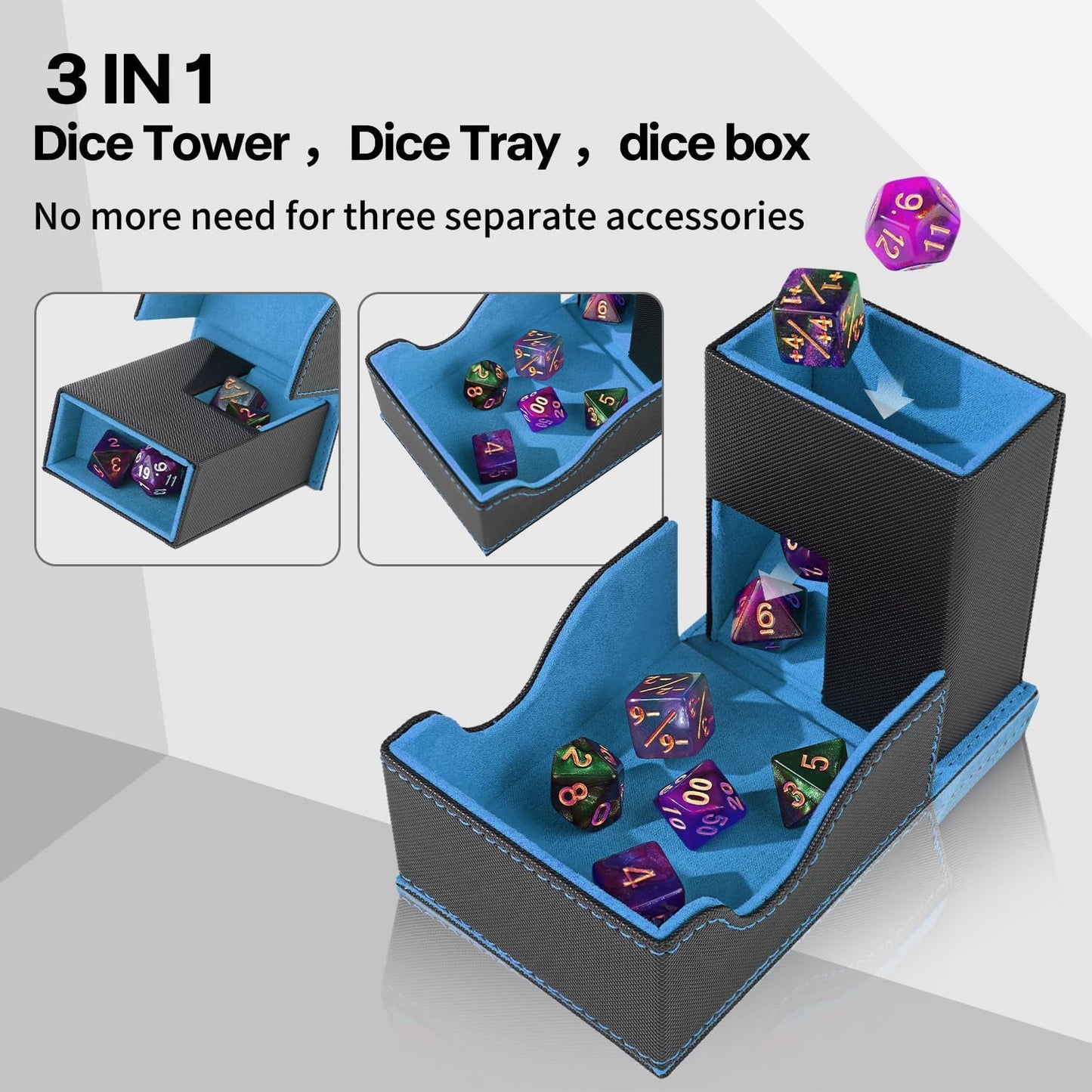 Dice Roller Tower, Premium DND Magnetic Dice Tray, Foldable PU Leather Dice Tower RPG Gifts for Dungeons and Dragons MTG Dm & Player Black/Blue