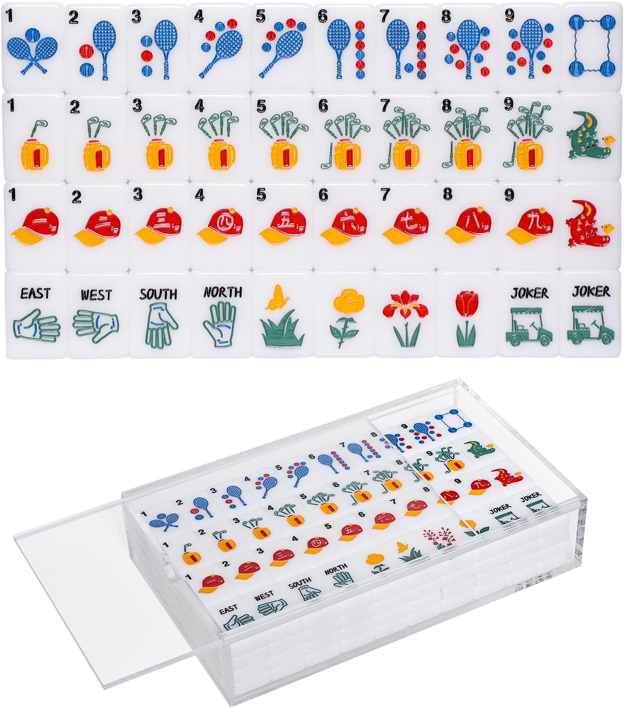American Mahjong Tile Set with Clear Acrylic Box and Accessories, 160 Acrylic Engraved Mahjong Tiles, Mahjong Game Set
