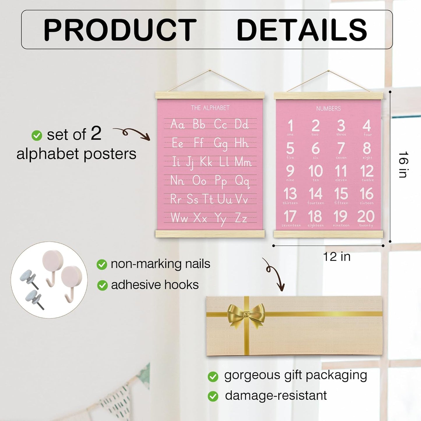 BONETAT Numbers alphabet poster for Nursery Toddlers,Correct Letter Formation on Line Paper, Play Room Wall Decor,ABC Wall Chart,Preschool Homeschool Decor Kids Wall Decor,Wooden Alphabet Banner-A08