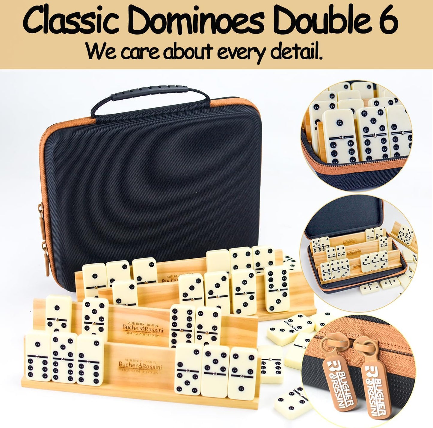 Dominos Set Adults with 4 Domino Racks Double Six Dominoes set in Portable Case Double 6 Domino's Game Set with 4 Wooden Domino Holders in EVA Hard Case Sturdy and easy to carry Ideal Gift Present