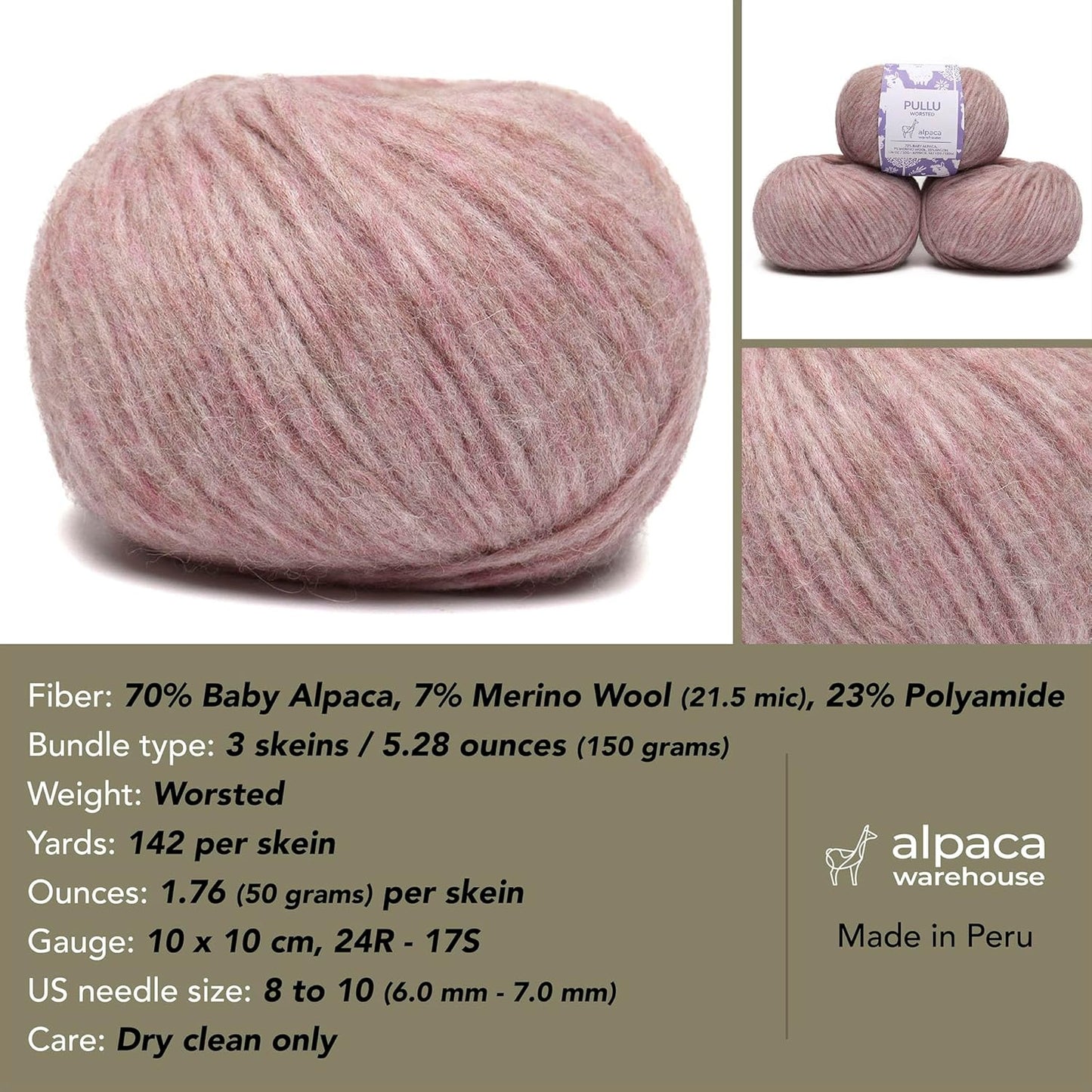 Pullu - Baby Alpaca Merino Wool Yarn Set of 3 Skeins (150 Grams) Worsted Weight - Sourced Directly from Peru - Heavenly Soft and Perfect for Knitting and Crocheting (Lilac Rose)