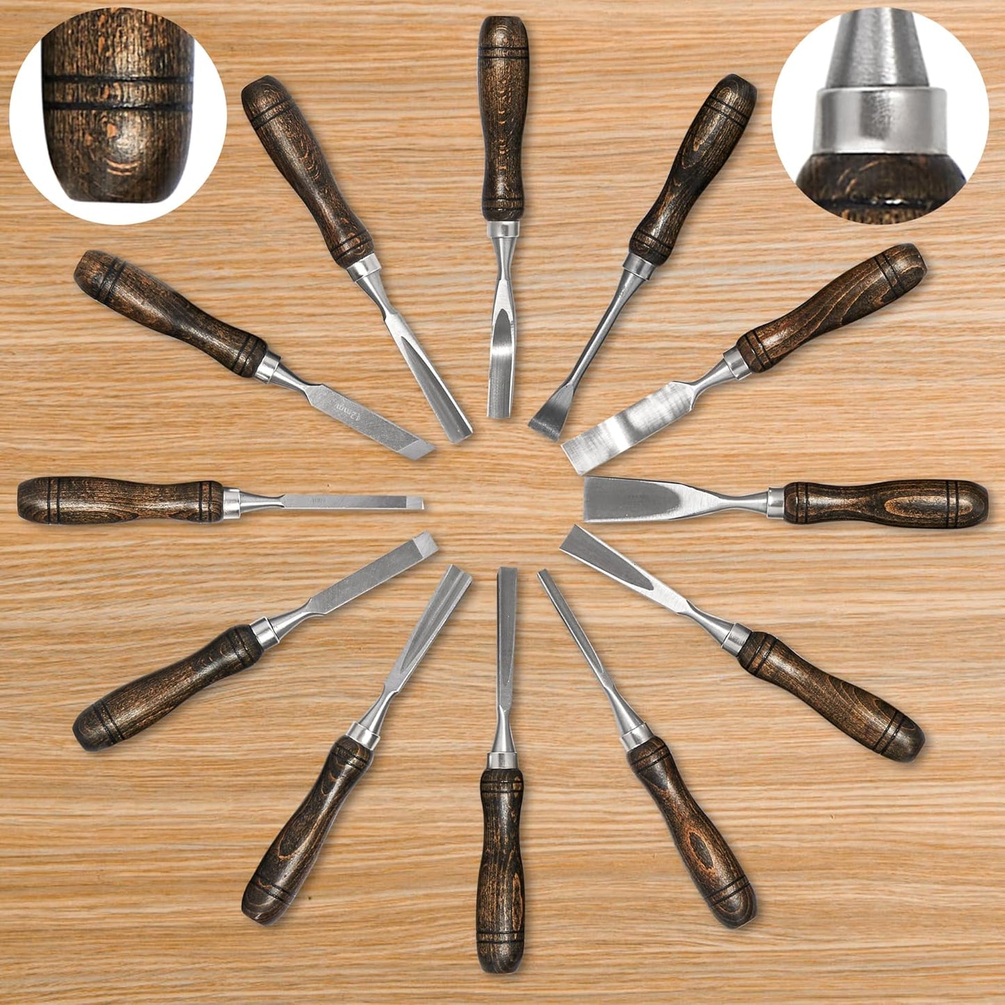 SELFIE CAT 12 Piece Wood Chisel Set for Woodworking Tools Wood Carving Tools with Wooden Case Wood Carving Kit for Beginners and Professionals Black Walnut