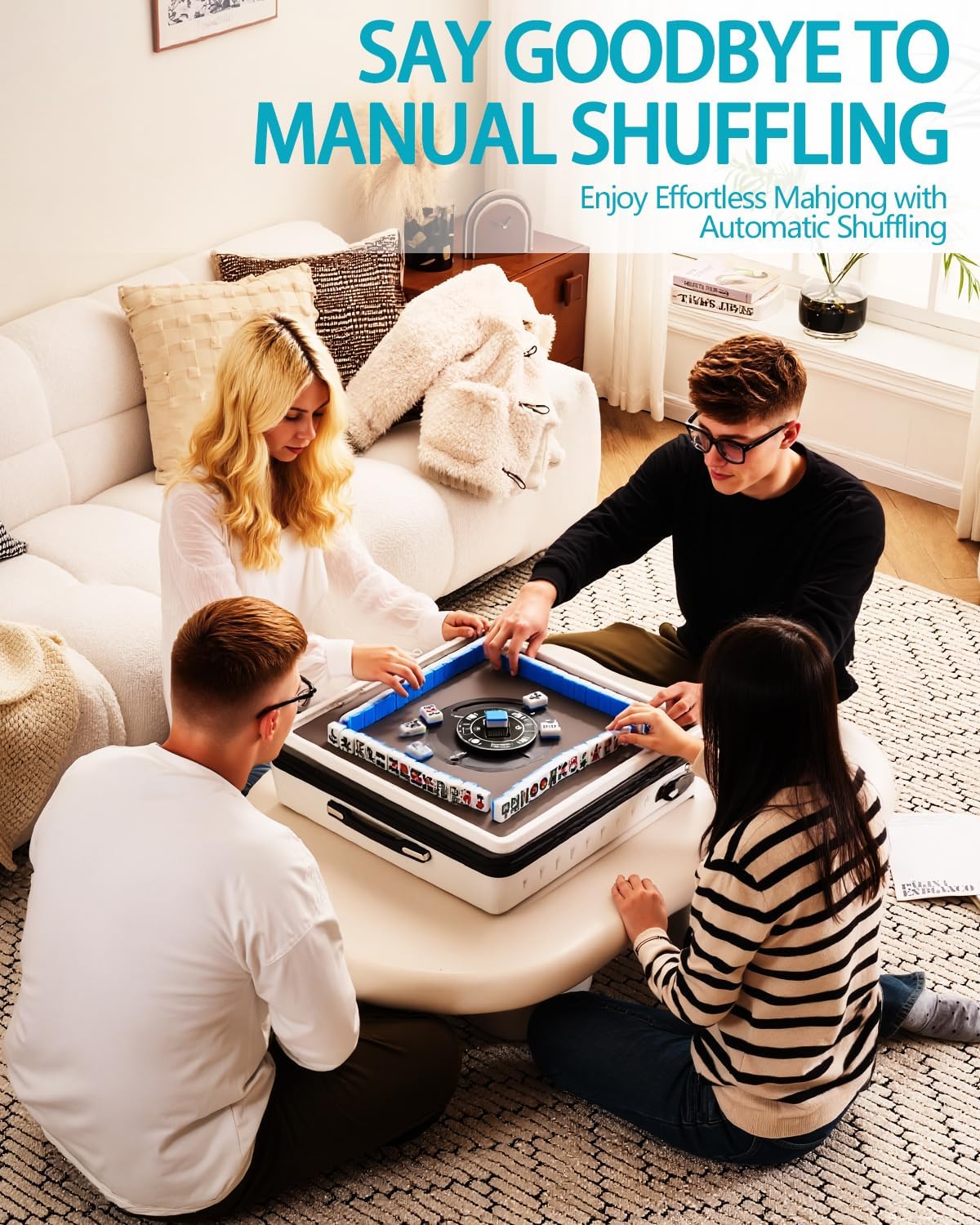 Portable Automatic Mahjong Table, Hand-held Mini-Mahjong, Automatic Mahjong, Foldable Mahjong Table w/American&Chinese -Style Magnetic Tiles, for Outdoor & Home Fun (White)