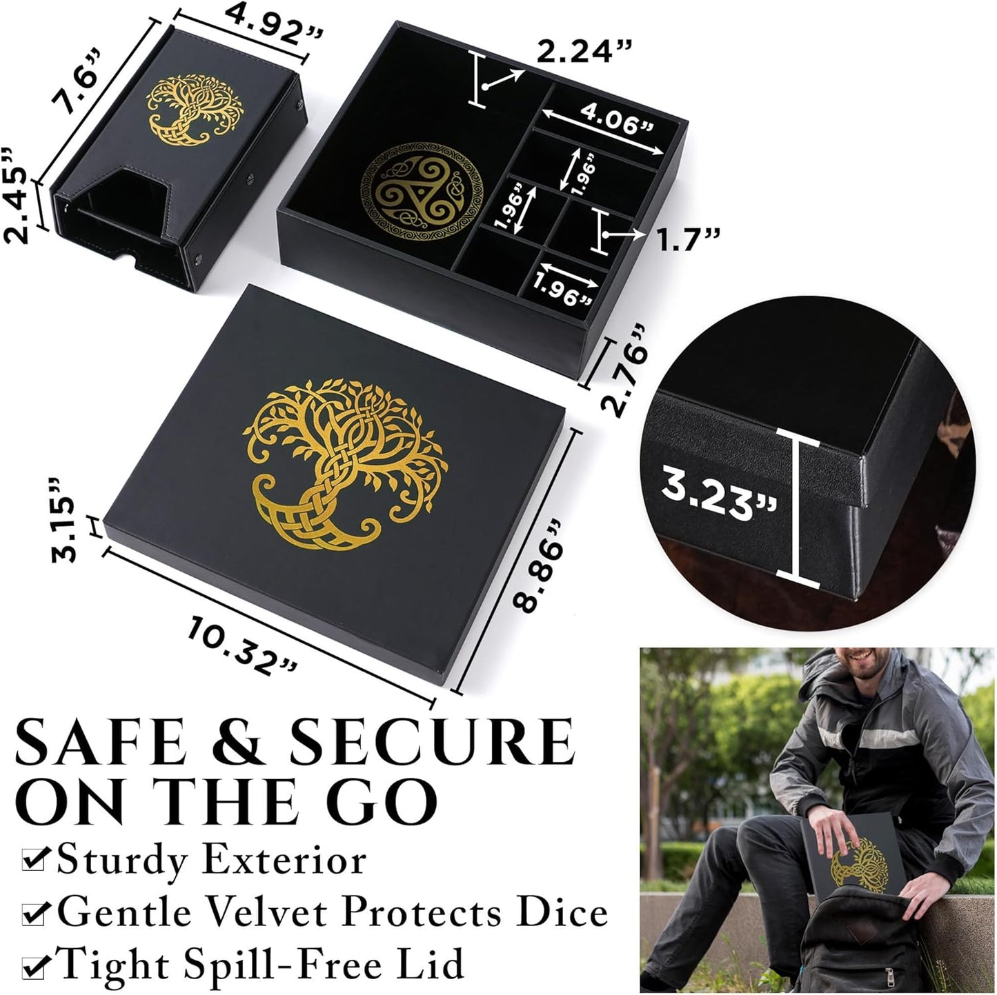 Dice Tray and Dice Tower for DND and RPG - All-in-One Game Roamer Tray & Large Tower for Random Rolls - Stores Your Sets, Mini's and More Compatible with D&D (Gold Tree)