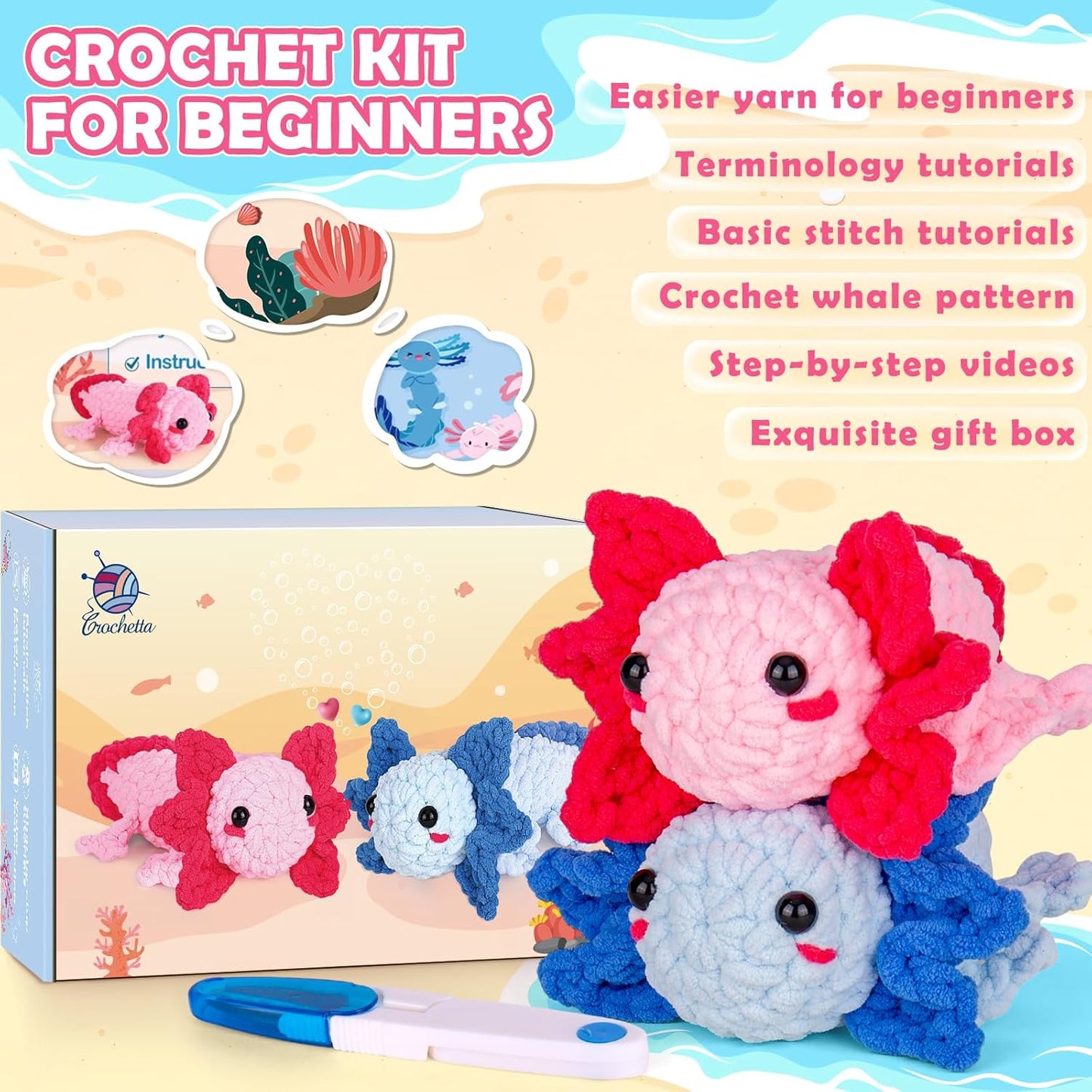 Crochetta Crochet Kit for Beginners, Crochet Starter Kit w Step-by-Step Video Tutorials, Beginner Crochet Kit for Adults Kids Women Men Complete Kit Included (2 Axolotls)