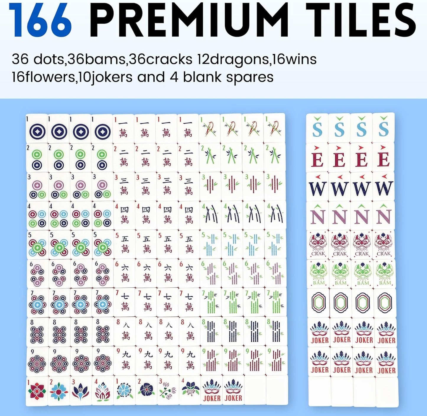 American Mahjong Tile Set,166 Tiles White Blue Acrylic Carving Tiles,Mahjong Game Set with Portable Travel case(Racks Not Included)