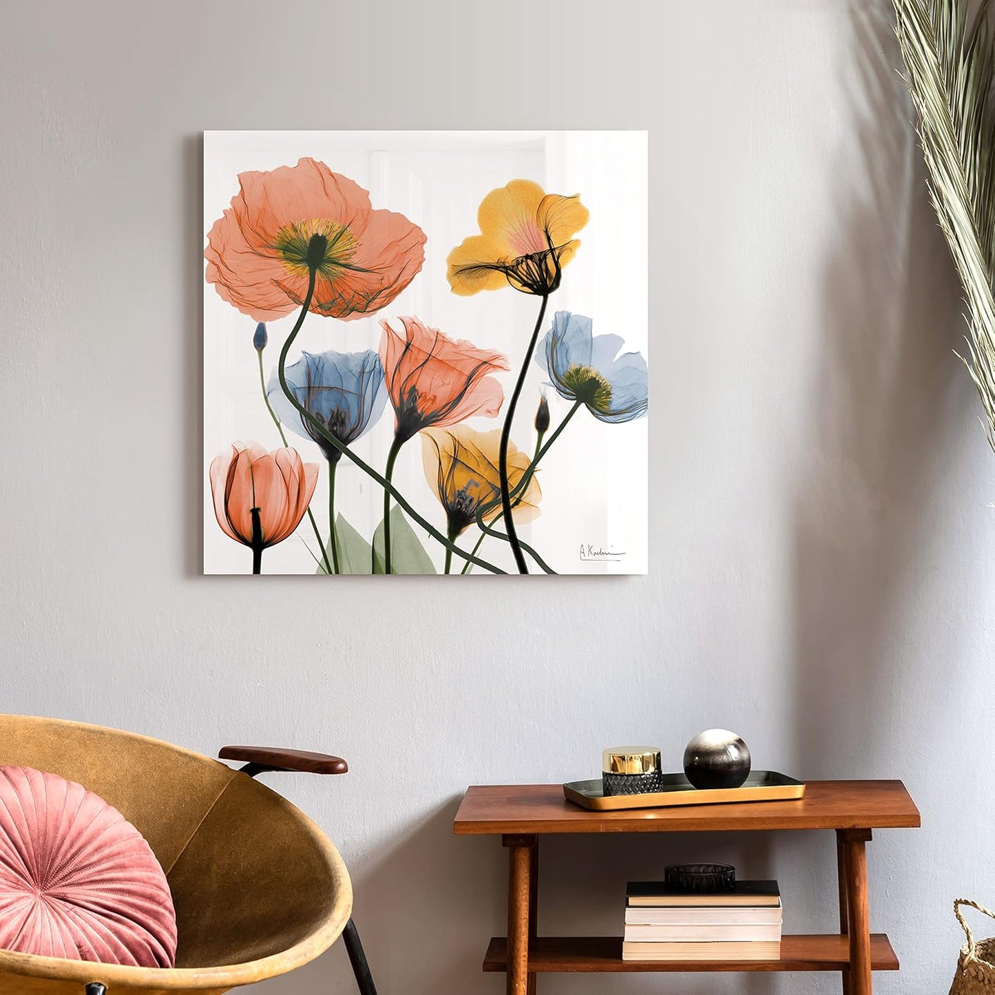 Empire Art Direct Frameless Free Floating Tempered Glass Panel Graphic Wall Art Ready to Hang, 24" x 24", Flowers and Ferns, Orange and Blue Flower