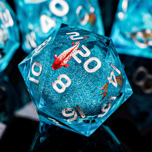 ARUOHHA Liquid Core DND Dice Set, 7pcs Resin Blue Sharp Edged Dragons Dice Compatible with D&D Role Playing Games, Handmade RPG Koi Fish Dungeons Polyhedral Dice Set D20 D12 D10 D8 D6 D4