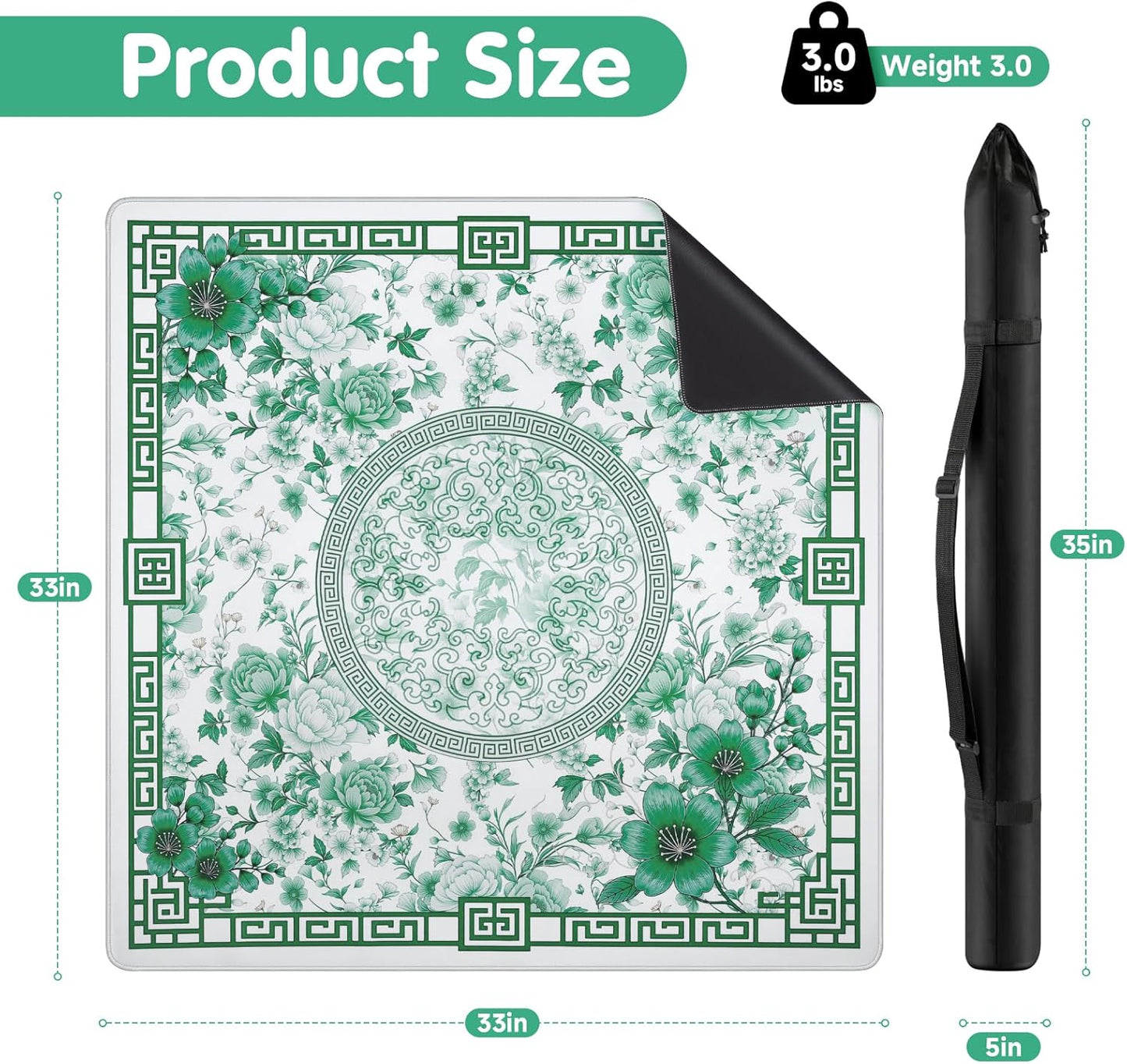 Mahjong Mat for Table 33x33 Inch, No-Crease,Anti-Slip,Noise-Reducing American Mahjong Mat, Mahjong Table Mat with Carry Bag, Neoprene Mahjong Mat for Poker, Card, Board (Green)