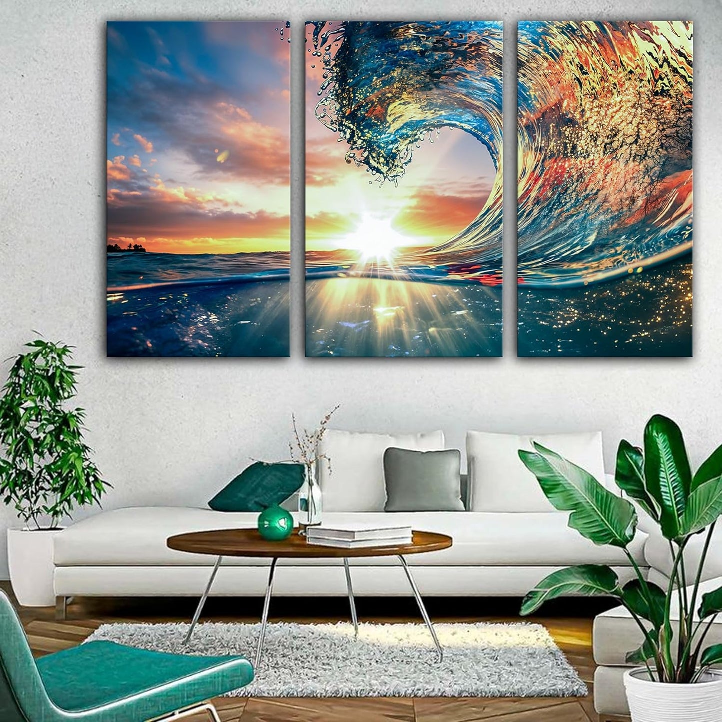 SpiritualHands Shining Sun and Waves Printed Tempered Glass Wall Art Painting for Living Room, Tempered Glass Modern Prints Decor, Large Vivid Color Panel for Bedroom, Kitchen, or Office