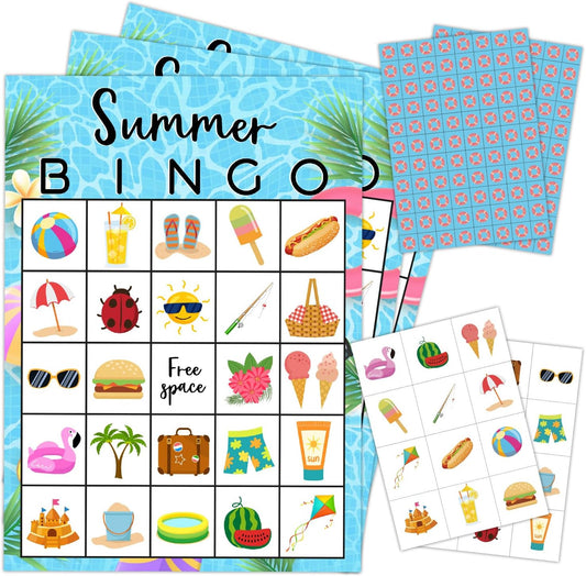 Summer Party Bingo Game Cards(24 Players), Hawaiian Bingo Card for Family Friend Adult, Large Group Holiday Beach Party Activity Favor Decoration Supplies -008