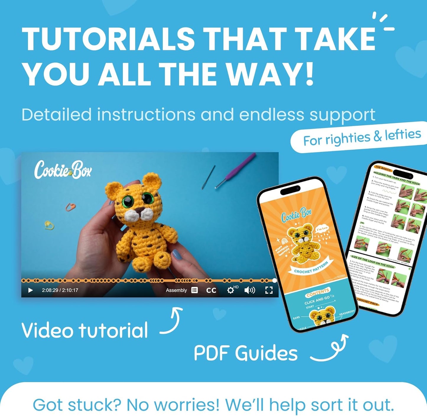 Cookie Box Crochet Kit for Beginners – Gift Set to Make Leopard Leo Amigurumi Plushie – Easy DIY Crochet & Knitting Starter Kit with Video and PDF Tutorials