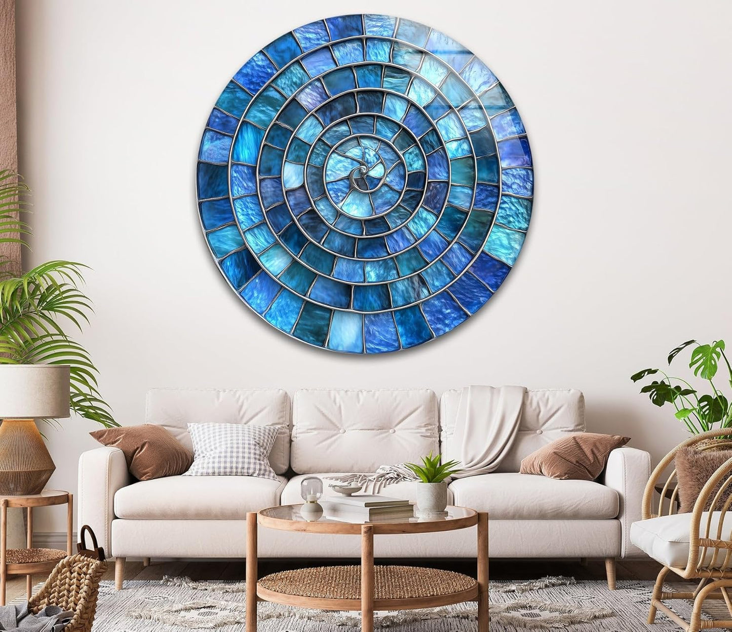 My Photostation.com 39,4''(100cm) Diameter Blue Aqua Spiral Harmony Round Glass Wall Art Tempered Glass Printing Wall Decor Large Wall Art Wall Hangings