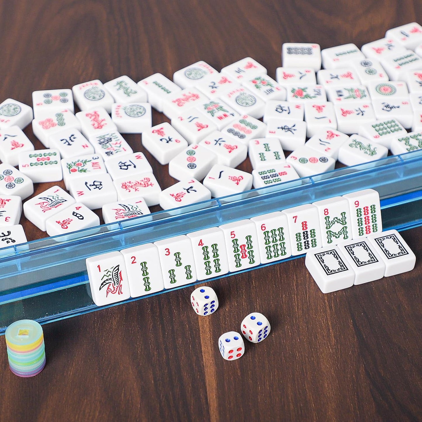 ZGME American Mahjong Set,166 White Tiles with Brown Rectangular Bag and Accessories,4 All-in-One Mahjong Racks with Pushers