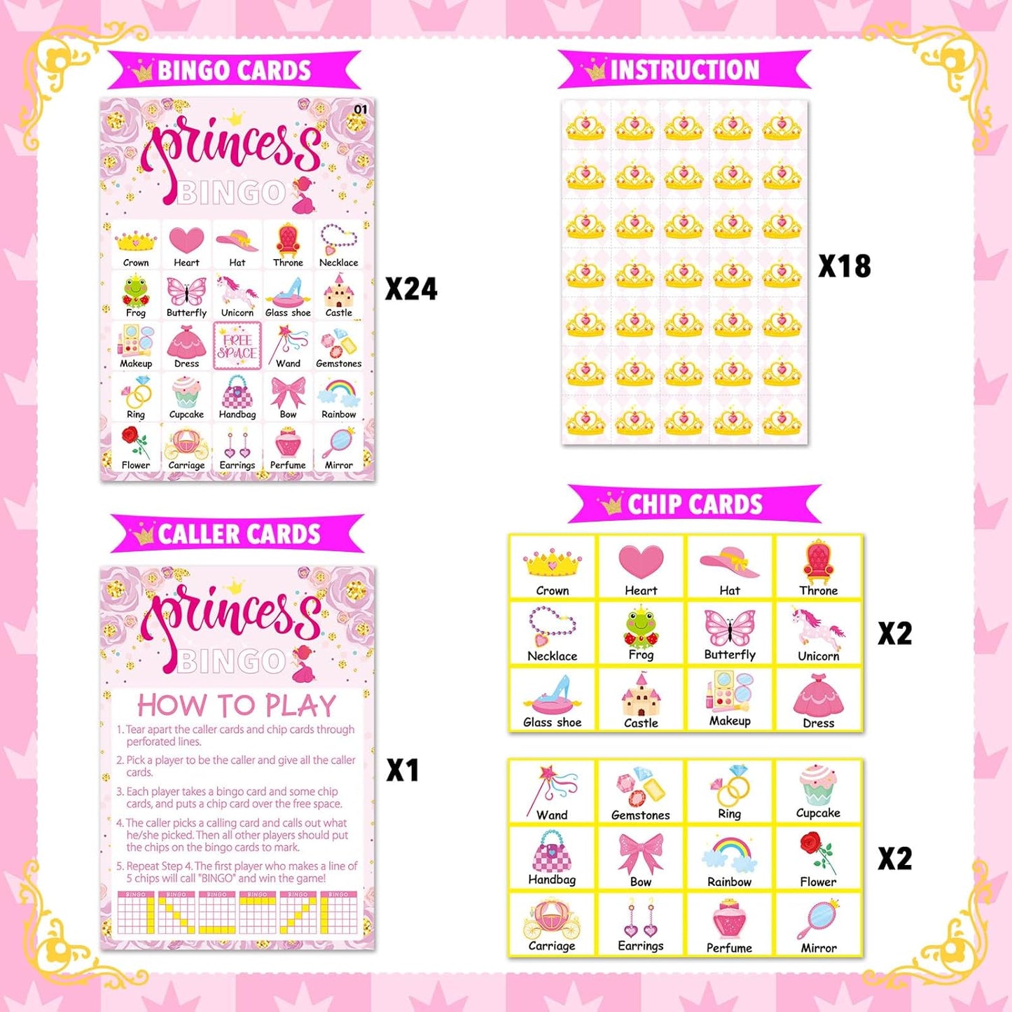 Pink Princess Bingo Game 24 Players Bingo Games Cards for Tea Party Decorations Princess Birthday Family Holiday Party Supplies School Activities Bridal Shower Wedding Party Favors