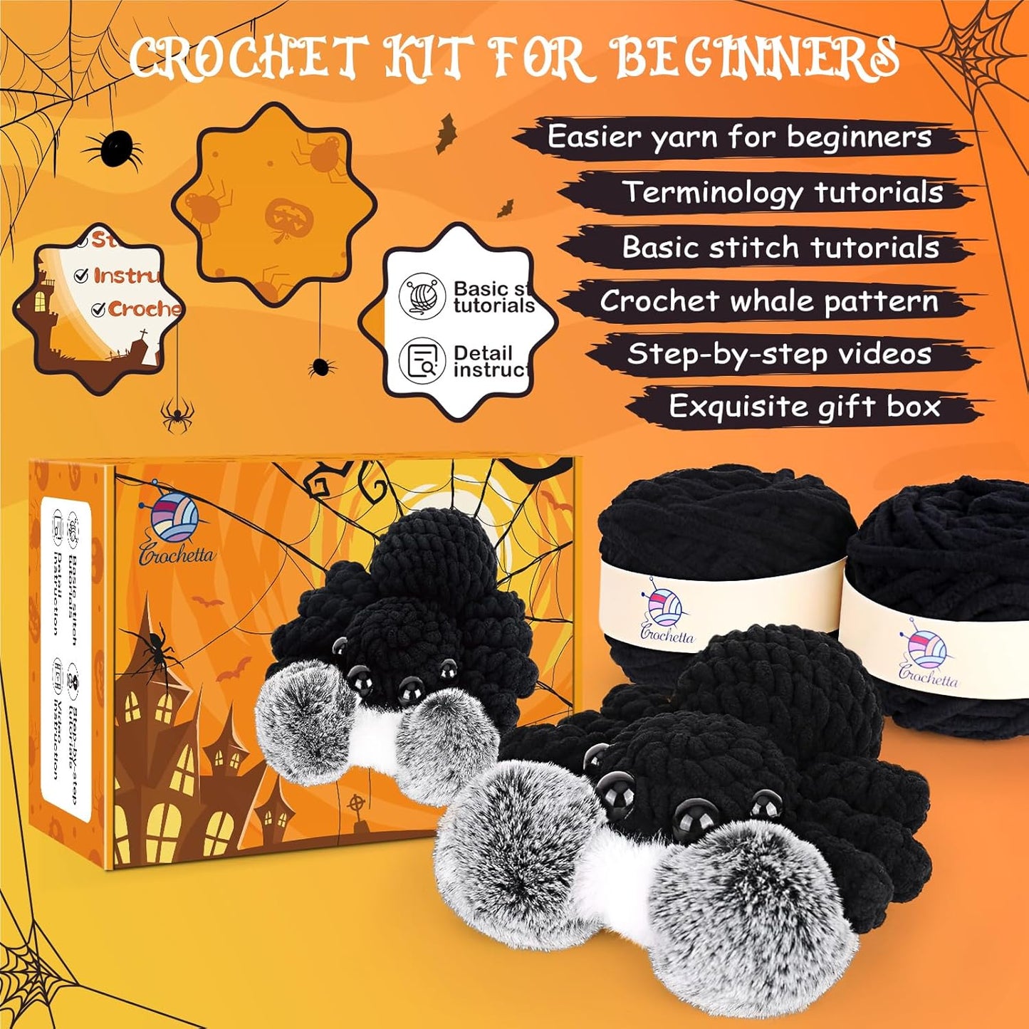 Crochetta Crochet Kit for Beginners, Crochet Starter Kit w Step-by-Step Video Tutorials, Beginner Crochet Kit for Adults Kids Women Men Complete Kit Included (Halloween Spider)