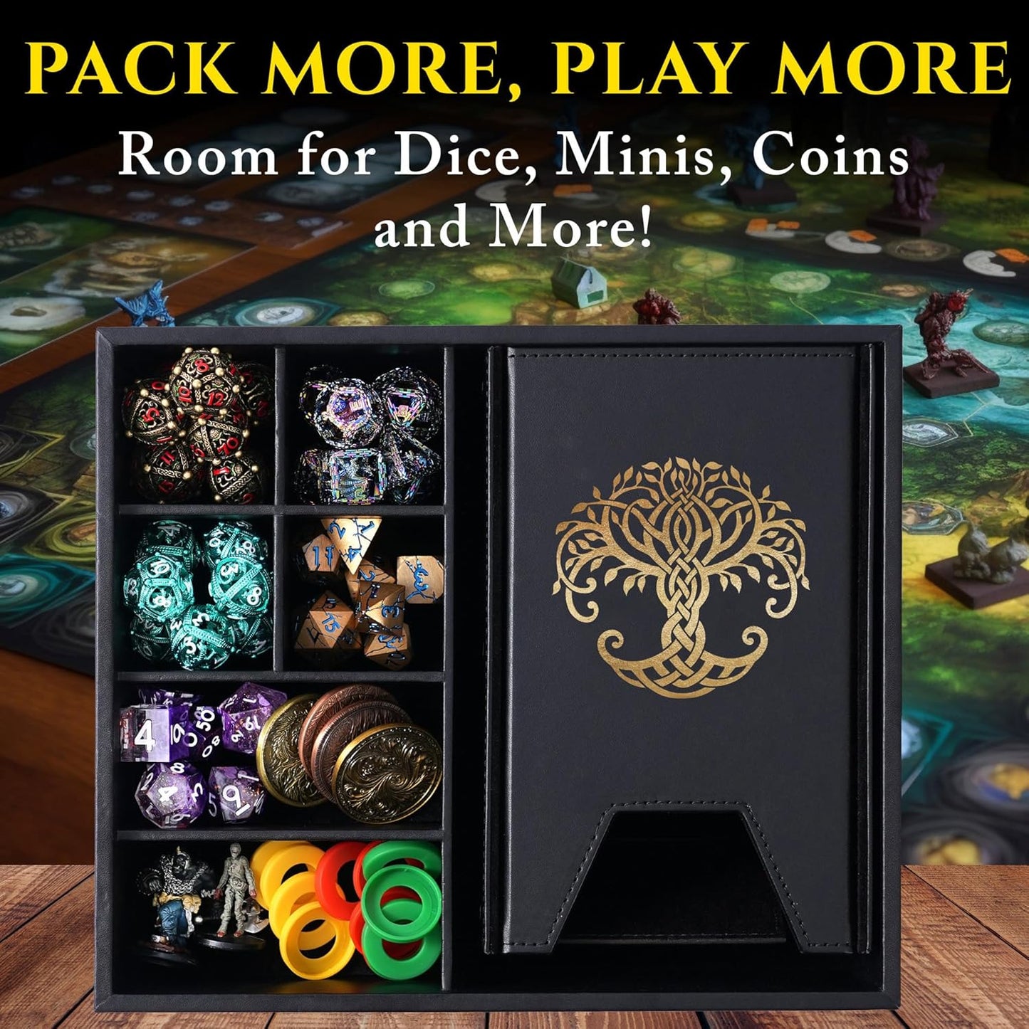 Dice Tray and Dice Tower for DND and RPG - All-in-One Game Roamer Tray & Large Tower for Random Rolls - Stores Your Sets, Mini's and More Compatible with D&D (Gold Tree)