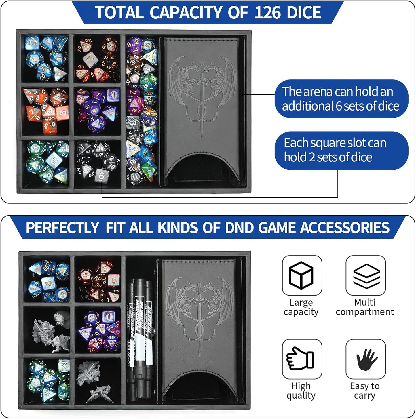 DND Dice Tray and Dice Tower with Storage, 3 in 1 Dice Rolling Tray with Lid, Portable Dice Box Storage, DND dice Holder for Dungeons and Dragons D&D RPG MTG Table Games (Black)