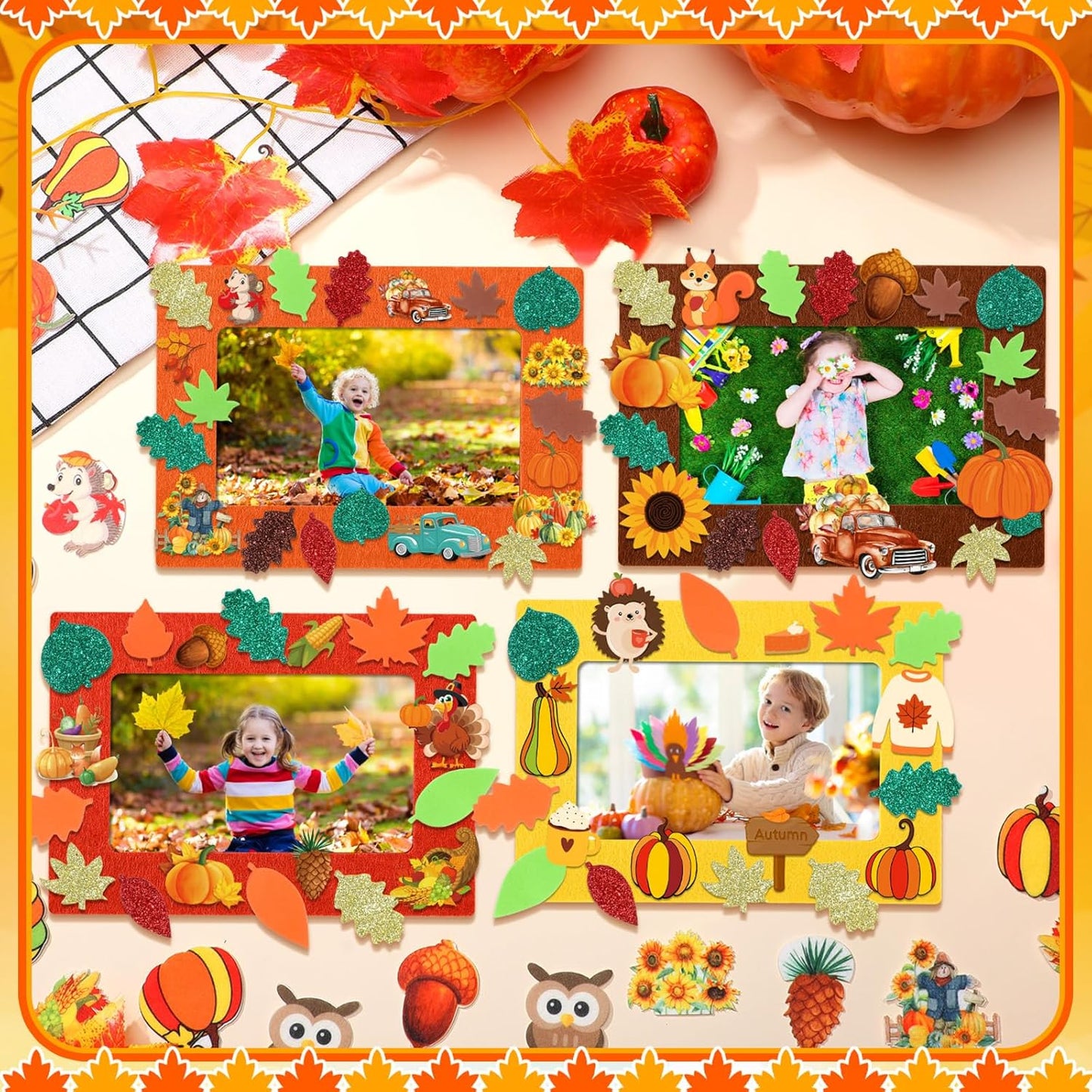 Ferraycle 232 Pcs Fall DIY Picture Frames Craft Kit Thanksgiving Felt Photo Frames with Leaves Pumpkin Harvest Crafts with Foam Stickers for Autumn Party Favor(Multi Color,Classical)