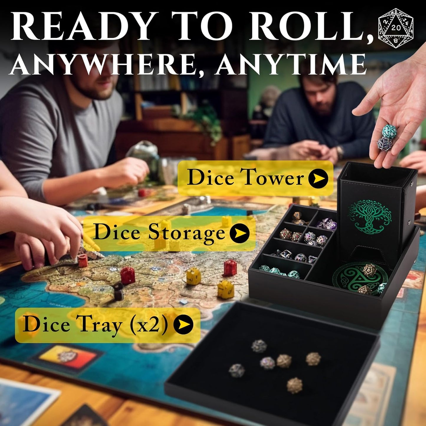 Dice Tray and Dice Tower for DND and RPG - All-in-One Game Roamer Tray & Large Tower for Random Rolls - Stores Your Sets, Mini's and More Compatible with D&D (Green Tree)
