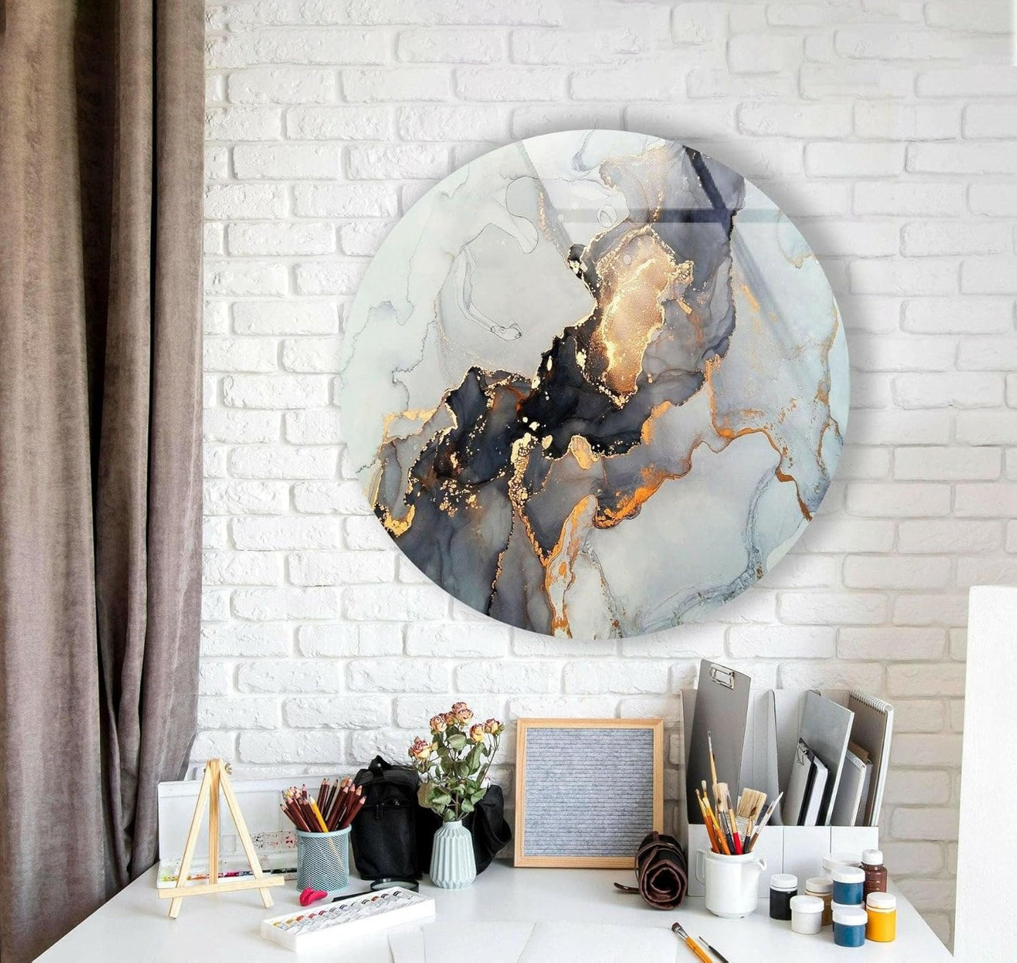 My Photostation.com 15.8''(40cm) Diameter Gold Details Gray Marble Round Glass Wall Art Tempered Glass Printing Wall Decor Large Wall Art Wall Hangings