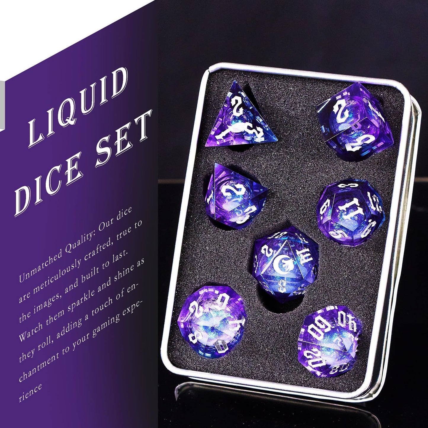 Dark Moon Liquid Core DND Dice Set for Role Playing Games, Polyhedral Dungeons and Dragons Dice Set with Gift Box, Full Liquid Core Resin Sharp Edge D&D Dice Set (InkBlueDice)