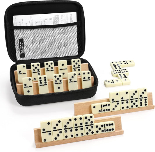 Jumbo Dominos Set for Adults with 4 Wooden Racks/Trays, Double 6 Dominoes Travel Set with Portable Case Double Six Dominoes Set with 4 Tiles Holders, 28 Tiles Dominos Set for Family Board Games