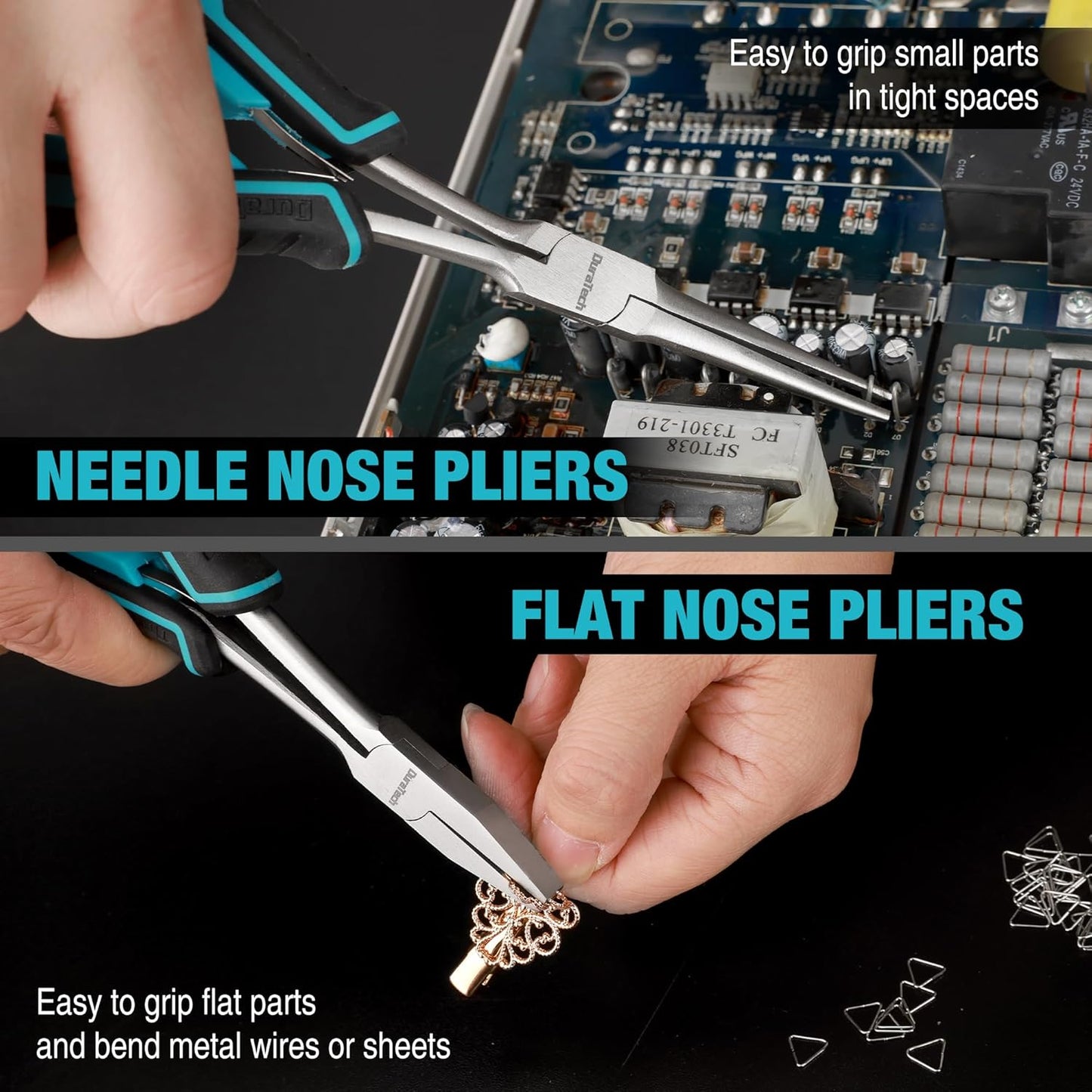 DURATECH 4PCS Long Reach Pliers Set with Pouch - Needle Nose, Diagonal, Linesman and Flat Nose, Mini Extra Long Pliers Set for Jewelry Making, Wire Bending and Object Gripping on Narrow Space