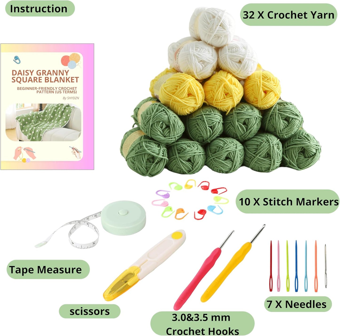 CSWCS Crochet Blanket Kit for Beginners, Daisy Granny Square Throw Kit for Adults, Easy Learn How to Knitting with Yarn & Hook, Complete Starter Set with Step-by-Step Instructions (47" x 39")