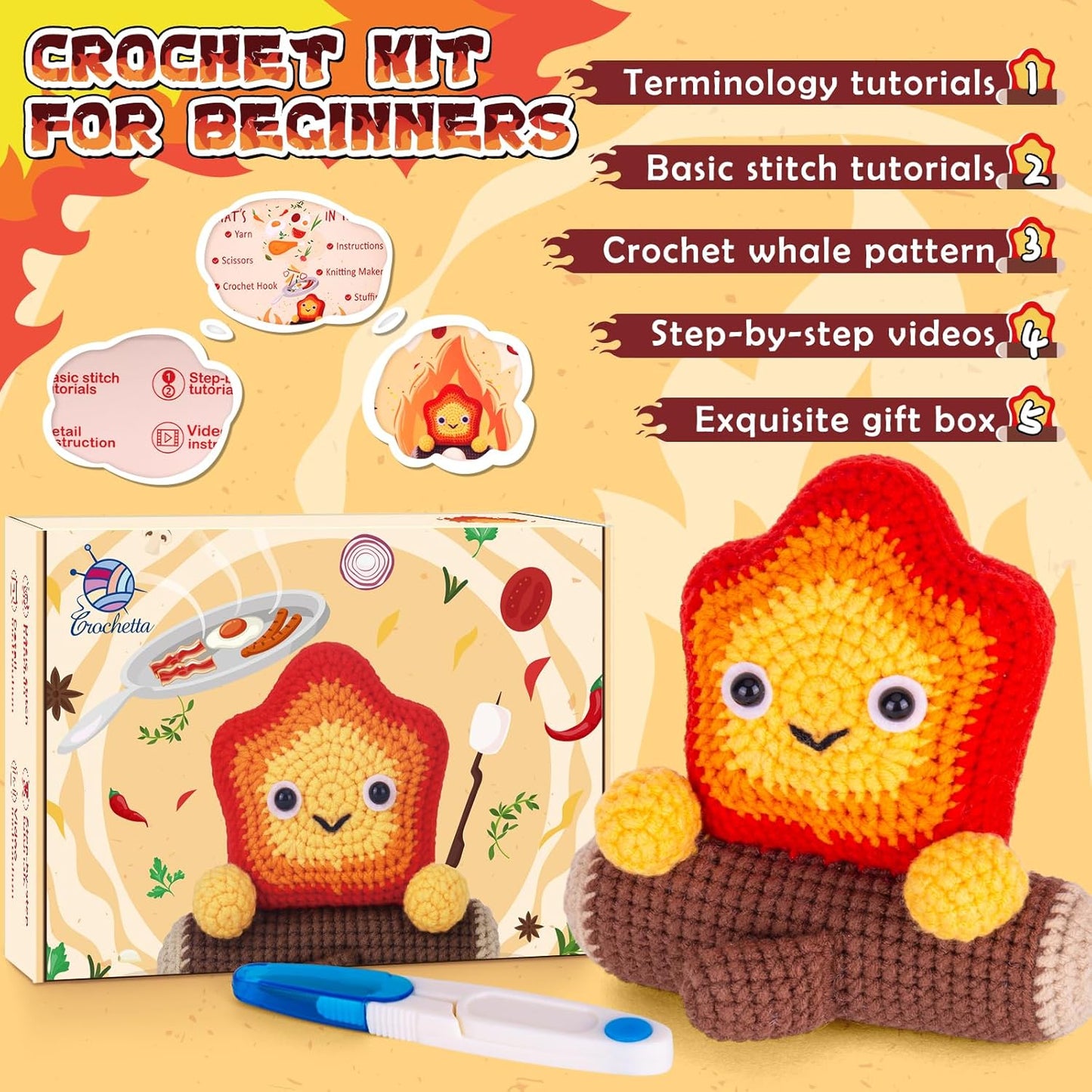 Crochetta Crochet Kit for Beginners, Crochet Starter Kit w Step-by-Step Video Tutorials, Beginner Crochet Kit for Adults Kids Women Men Complete Kit Included (Cute Crochet Flame Spirit)