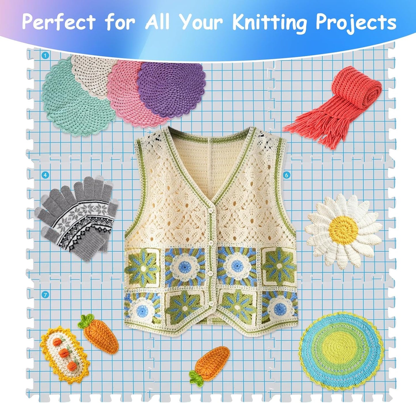 MEVOME Blocking Mats for Knitting with 20pcs Knitting Blockers 200 T-pins 104 Locking Stitch Markers, Extra Thick Block Boards with Grids Storage Bag for Needlepoint Crochet - Pack of 9 (White)