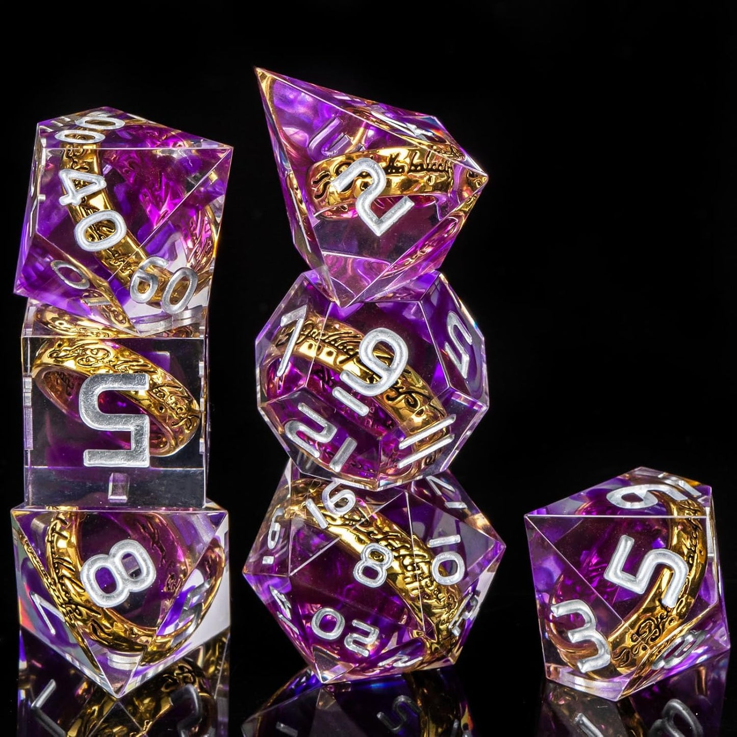 OUKELANWO Magic Lord Rings DND Dice Set with Box, 7Pcs Resin LOTR D&D Dice Set for Role Playing Game, Purple Dungeons Dragons D and D Sharp Edge Dice D20 D12 D10 D8 D6 D4