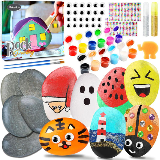 Halobios Rock Painting Kit, 12 Rocks for Painting, Arts and Crafts for Kids Ages 6-12, Rock Painting Kit for Adults, Art Supplies for Birthday Children's Day Gifts