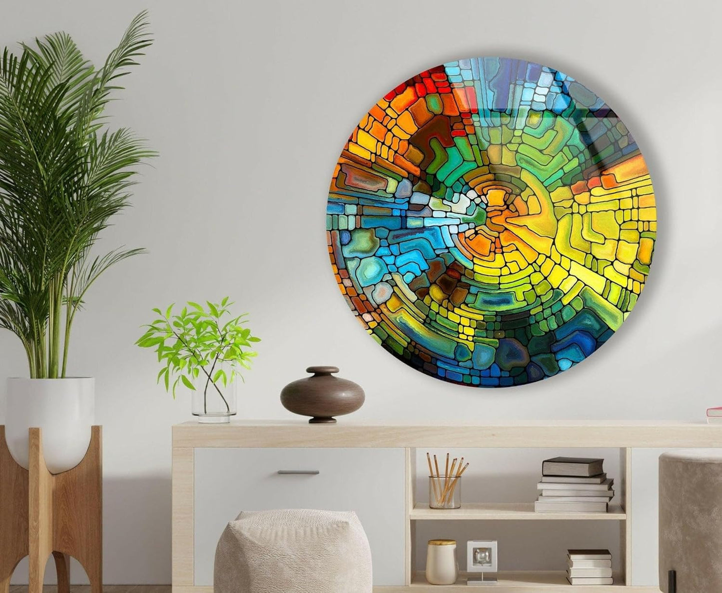 My Photostation.com 15.8''(40cm) Diameter Stained Yellow Round Glass Wall Art Tempered Glass Printing Wall Decor Large Wall Art Wall Hangings