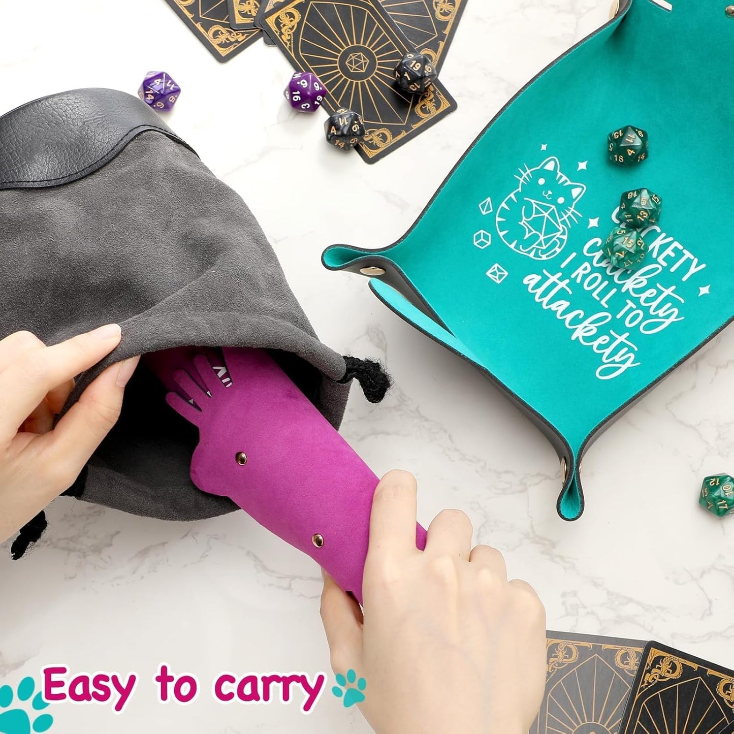 2Pcs Cat Dice Rolling Tray Novelty Folding Leather Dice Holder Portable Storage Accessories Decorative Desk Organizer Funny Gift for DND Game Players