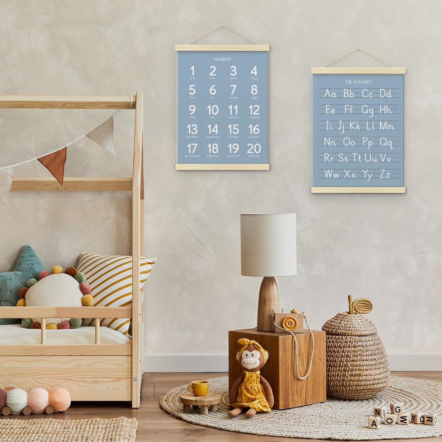 BONETAT Numbers alphabet poster for Nursery Toddlers, Play Room Wall Decor,ABC Wall Chart, Wall Hanging Decor for Toddler Playroom Decor Kids Wall Decor, Wooden Frame Alphabet Banner-A07