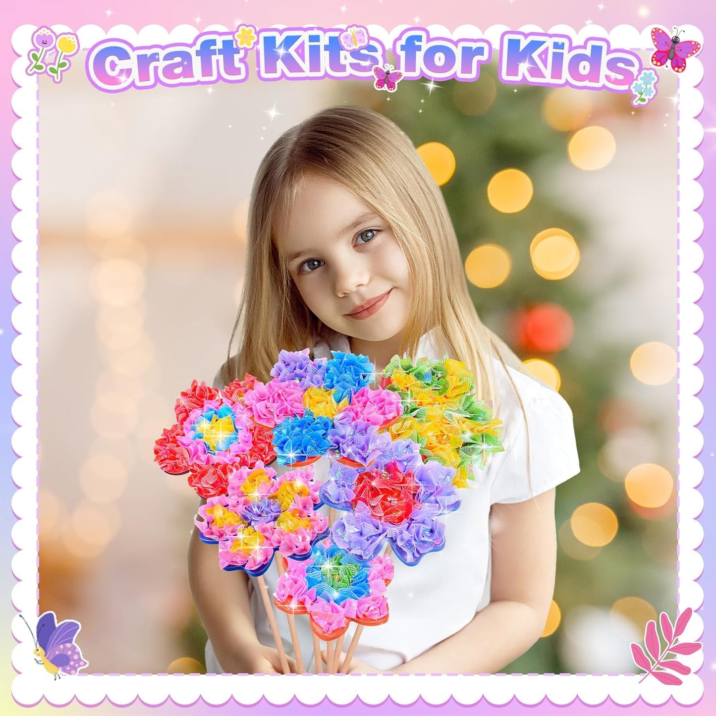 Arts and Crafts for Girls Ages 4-12, Poke Art Flower Bouquet with 8 Flowers & 2 Butterflies DIY Creative Activity Mess-Free Fun for Kid Party Favors Birthday Christmas Gifts for 4-12 Year Old Girls