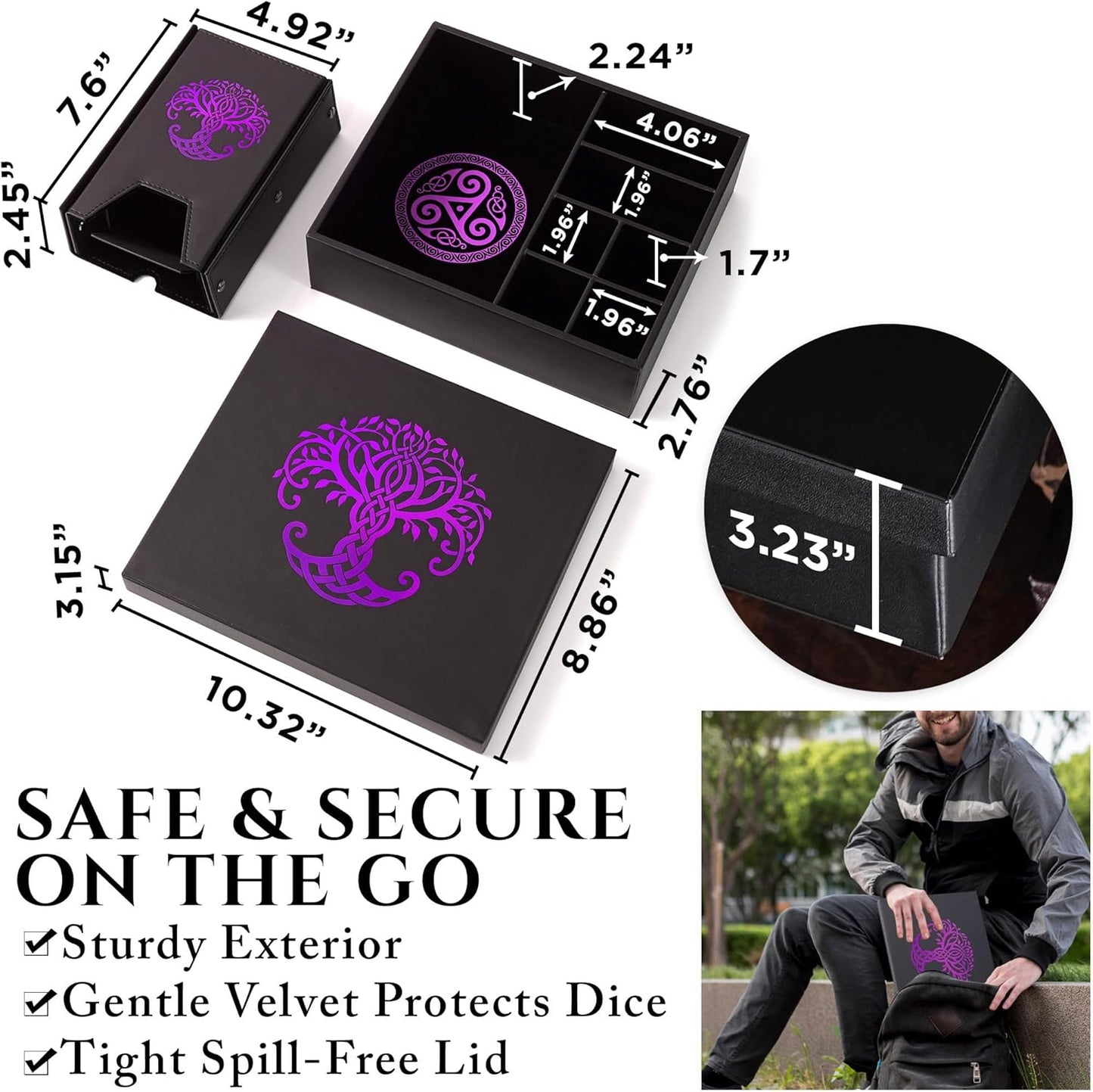 Dice Tray and Dice Tower for DND and RPG - All-in-One Game Roamer Tray & Large Tower for Random Rolls - Stores Your Sets, Mini's and More Compatible with D&D (Purple Tree)