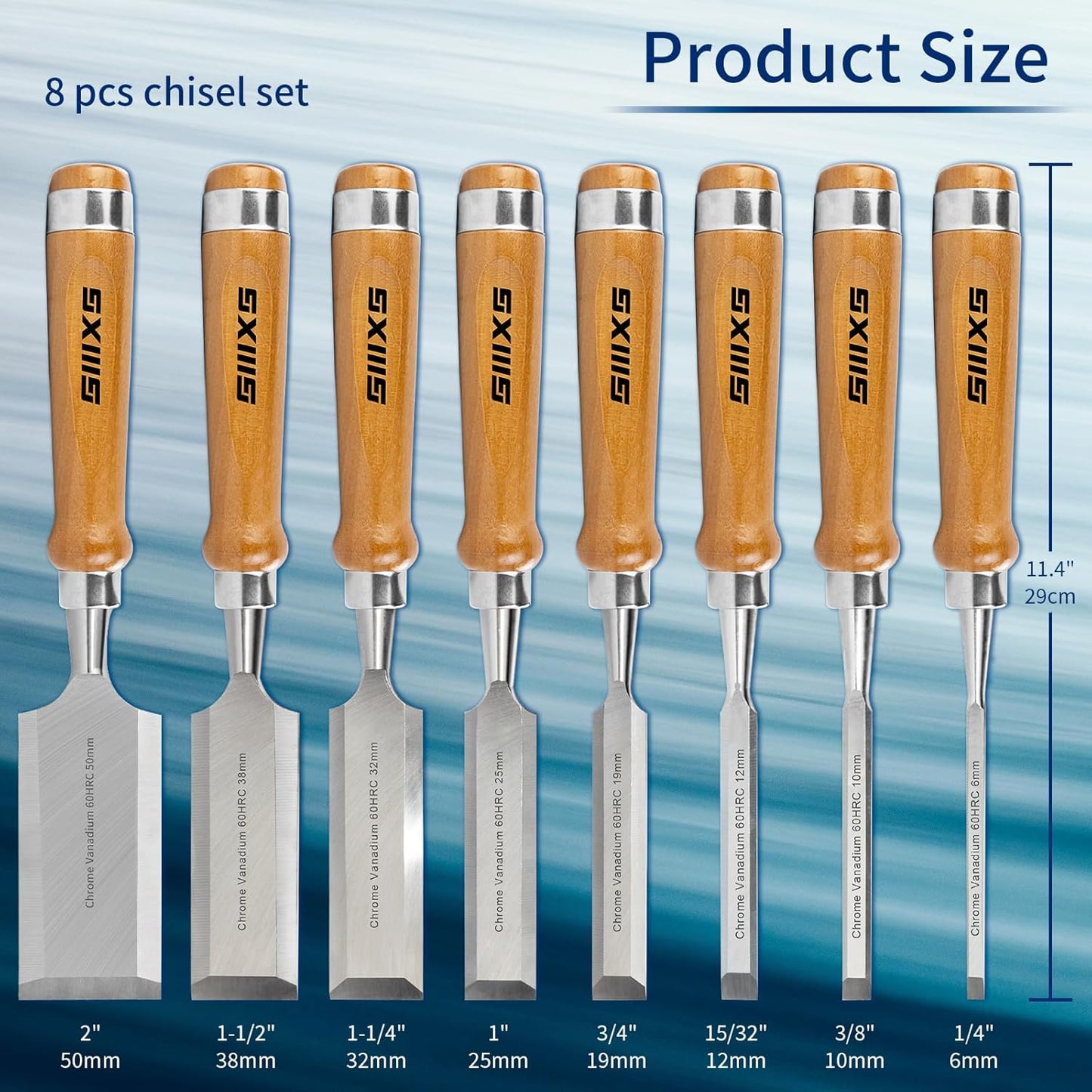 Professional Wood Chisel Set, 8pcs Woodworking Chisel Set with 1pcs Honing Guide, 1pcs Sharpening Stone