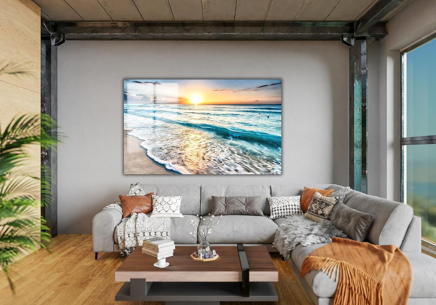 SpiritualHands Sea beach ocean white sand Tempered Glass Wall Art Painting for Living Room, Tempered Glass Modern Prints Decor, Large Vivid Color Panel for Bedroom, Kitchen, or Office